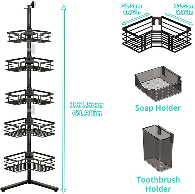 HapiRm Corner Shower Caddy Stand - 5-Tier Adjustable Shower Shelves, Black | Rustproof Stainless Steel, 4 Hooks, Soap and Toothbrush Holders, Large Capacity Shower Organizer for Tall Bottles, No-drill