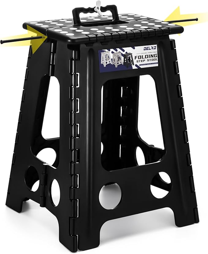 Delxo 17.5 Inch Folding Step Stool,Foldable Stool for Adults with Safety Lock,Portable Collapsible Plastic Step Stool,Non Slip Folding Stools for Kitchen Bathroom Bedroom Up to 400LBS,(Black 1PC) | Step Stool with Safety Lock,Portable Collapsible Step ...