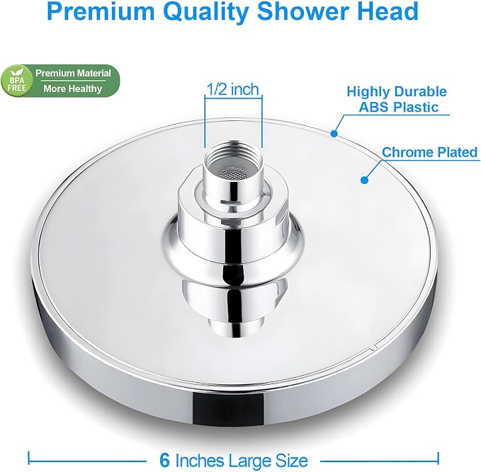 6" High Pressure Rain Shower Head, Luxury Polished Chrome Finish | 6 Inch Fixed Bathroom Showerhead, Adjustable Replacement, 90 Anti-Clog Nozzles, Removable Restrictor, Tool-Free Easy Install
