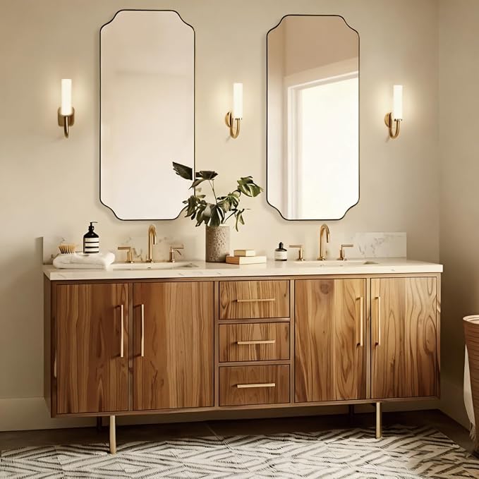 24"x48" Large Bathroom Mirror, Brushed Gold Rectangle Mirror, Scalloped Mirror for Bathroom in Anti-Rust Stainless Steel Metal Frame 1" Deep, Hangs Vertically/Horizontally
