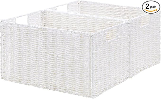 Wicker Storage Basket, Set of 2 Hand-Woven Paper Rope Wicker Basket, Small Storage Baskets for Organizing Toilet Paper Basket, Foldable Large Cube Storage Organizer Bins for Shelves (White)