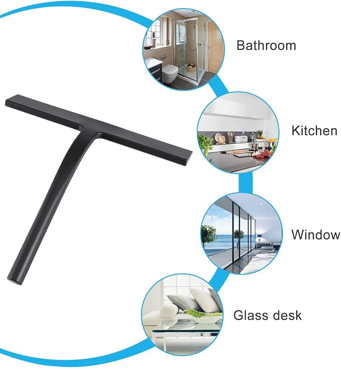 Silicone Shower Squeegee, Black, 9 inch | All-Purpose, For Shower Glass Door, With Hook, Household Cleaner Tool