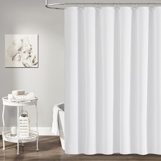 White Linen Textured Waterproof Thick Fabric Shower Curtain Set, 72x72 | 230GSM Polyester, Heavy Duty Cloth, Weighted Hem, 12 Plastic Hooks, Modern Hotel Style, Machine Washable, Bathroom Decor