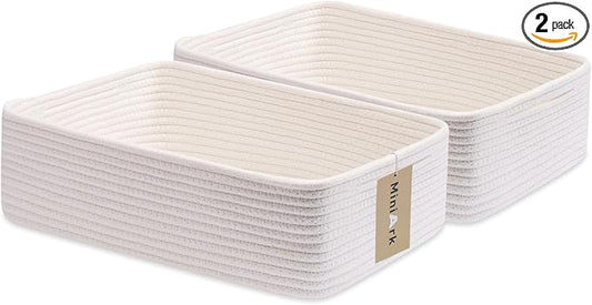 MiniArk Large Shallow Organizing Baskets 15x11x5.1 Inches - Rope Woven Storage Bins for Bathroom, Shelves, Cube Closet, Off White 2 Packs