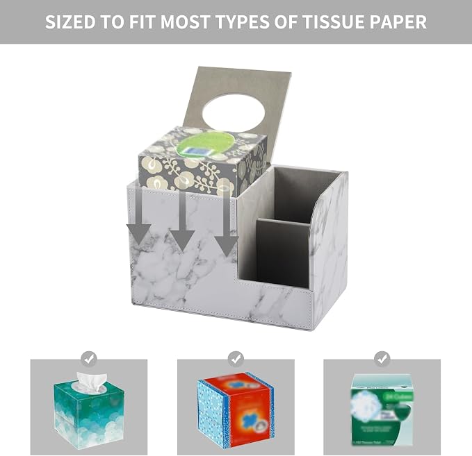 PU Leather Tissue Box Cover Square-Multifunctional Bathroom Tissue Box Holder/Organizer with 2-Compartment,Remote Control Holder,Decorative Tissue Box Covers Cube,Home Office Desktop Storage box,White