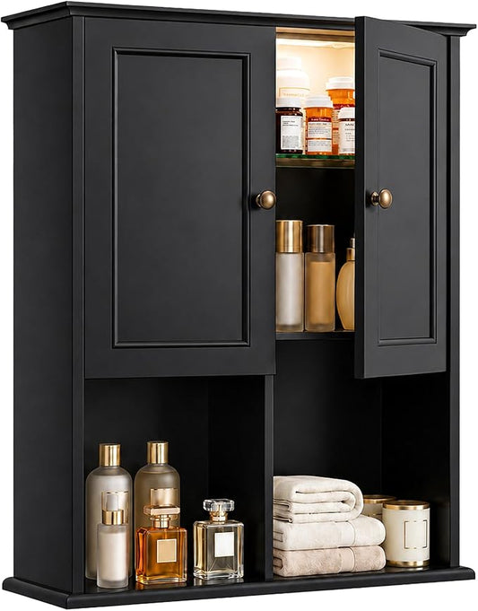 HAIOOU 23.6 inch Bathroom Wall Cabinet with Motion Sensor Light - Black | Wall Mount Medicine Cabinet with Recessed Panel Doors, Adjustable Glass Shelf, Soft Close Hinges for Over the Toilet Storage