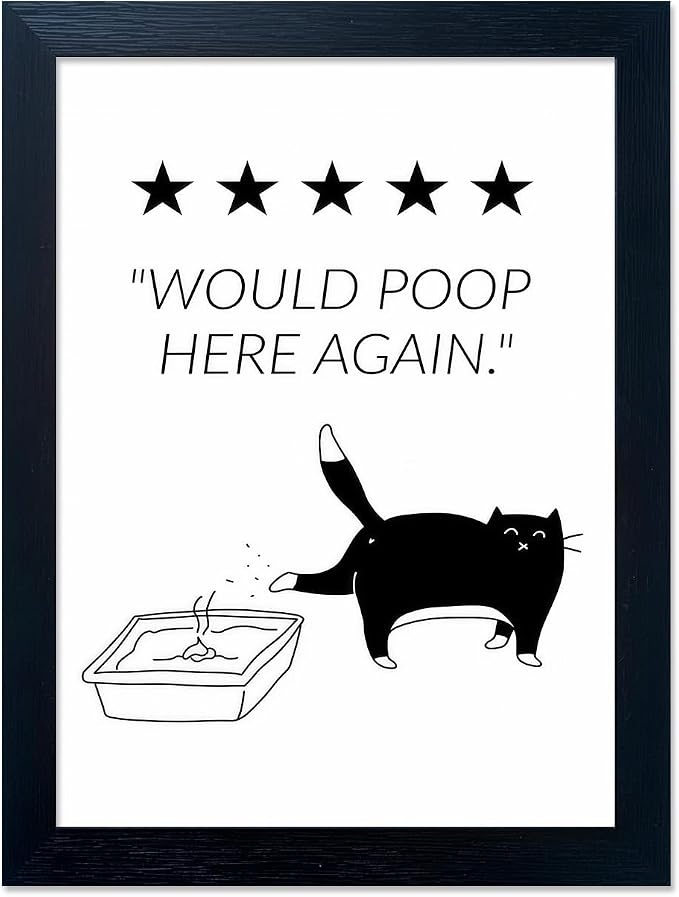Framed Black and White Cat Bathroom Wall Art Would Poop Here Again Bathroom Sign Funny Bathroom Wall Decor Minimalist Cute Cat Canvas Print Painting Artworks for Home