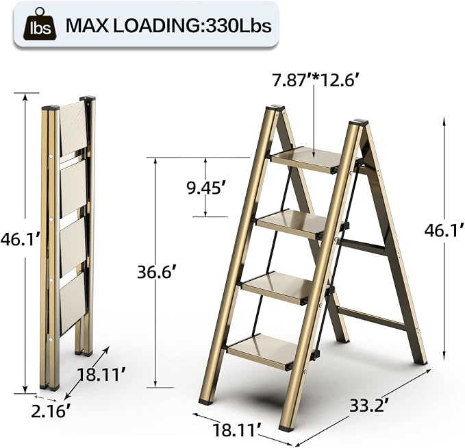 4 Step Ladder, Aluminum Folding Step Stool with Anti-Slip Sturdy and Wide Pedal, Lightweight Portable Stepladder for Home and Kitchen Use, Gold, 330 lbs