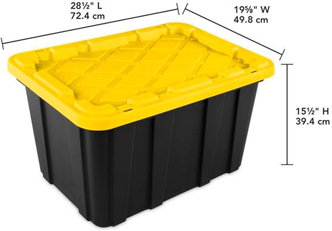 Sterilite Industrial Storage Tote with Lids for Garage, 27 Gallon, 12-Pack | Heavy-Duty and Stackable Utility Box Containers for Home, Office, and Basement Organization, Black/Yellow