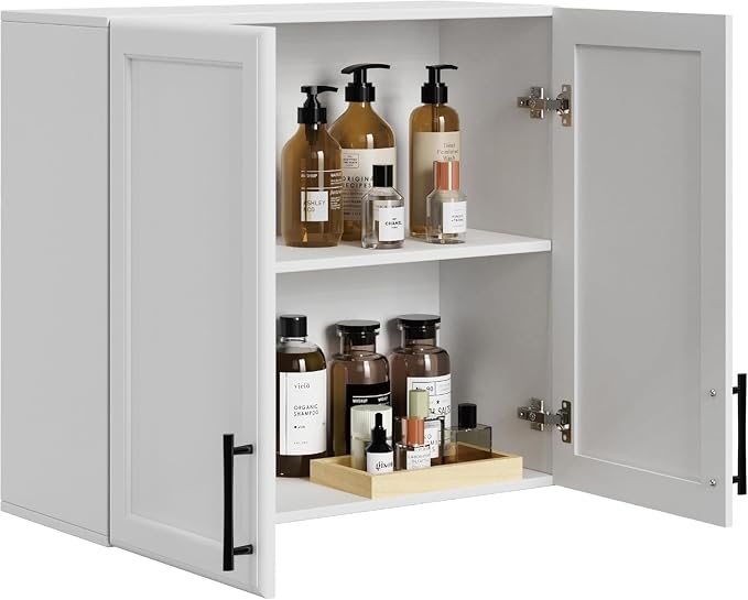 FIMELLO Wall Cabinet, Wooden Medicine Cabinet, Wall Amount Cabinet for Bathroom Laundry Kitchen Garage, White
