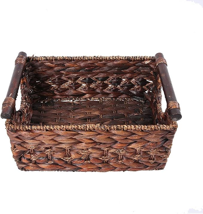 Water Hyacinth Wicker Storage Basket with Wood Handles, Medium | Rectangular dark brown woven rattan basket, for shelves, kitchen countertops, closet, holds magazines, toilet paper