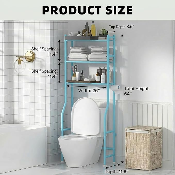 GloTika 3-Tier Over Toilet Storage, Anti-Tilt, 64" H, Blue | Anti-Tilt Safety System, 150lb Capacity, Carbon Steel, Freestanding, No Drilling, Anti-Rust Coating, Paper Holder & 4 Hooks