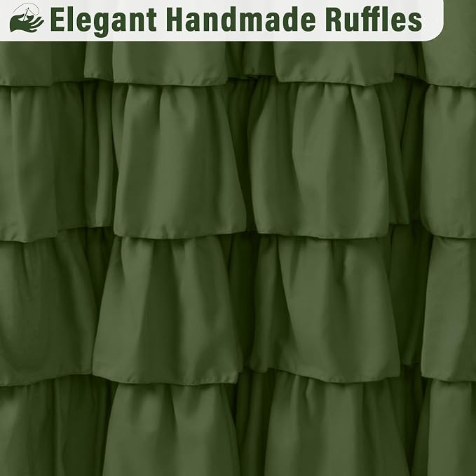 Seasonwood Green Ruffle Shower Curtain Farmhouse Shower Curtain 72 X 78 | Natural button accents, layered fabric tiers, shabby chic and French country styling for decorative bathroom updates
