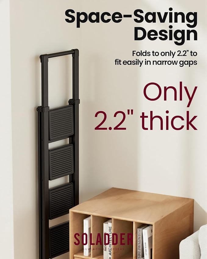 4 Step Ladder, Folding Step Stool, Lightweight Stepladder, Black | Reach 8ft;Anti-Slip 7.9'' Wide Pedal;Portable Handrail;Space-Saving;For Kitchen, Home, Library, Office Use;300lbs Capacity