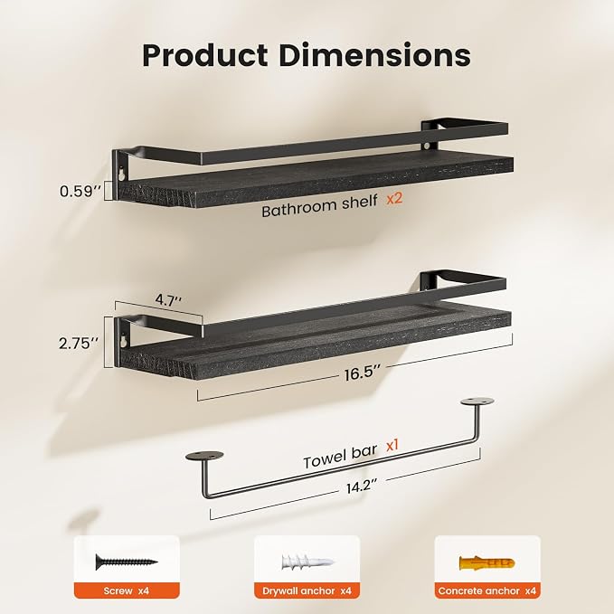 Amada Bathroom Shelves with Towel Bar, Set of 2, Black | Floating Shelves with Detachable Towel Bar, Protective Metal Guards, Paulownia Wood, Bathroom, Living Room & Kitchen Storage