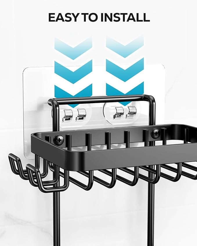 Nieifi Bar Soap Holder, Adhesive Soap Dish for Bathroom Shower Wall | Stainless steel, 2 tier, razor holders, 8 hooks, bathtub, kitchen sink, wall mounted, no drilling, counter, black