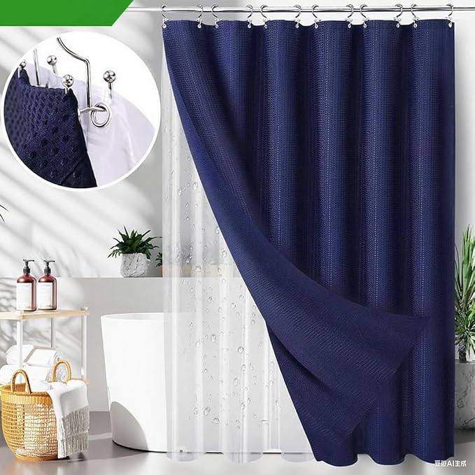 23 PCS Navyblue Bathroom Accessories Set丨Shower Curtain Bathroom Accessory | All-in-One Kit with Shower Curtain,Trash Can,Toothbrush Holder,Toilet BrushSoap Dispenser,Toothbrush Cup,etc for Home