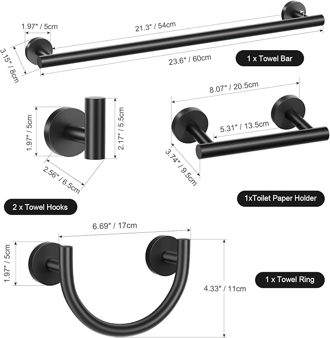 TURS 5-Pieces Matte Black Bathroom Hardware Accessories Set 23.6inch SUS304 Stainless Steel Towel Bar Set Double Post Pivoting Toilet Paper Holder Set Wall Mounted