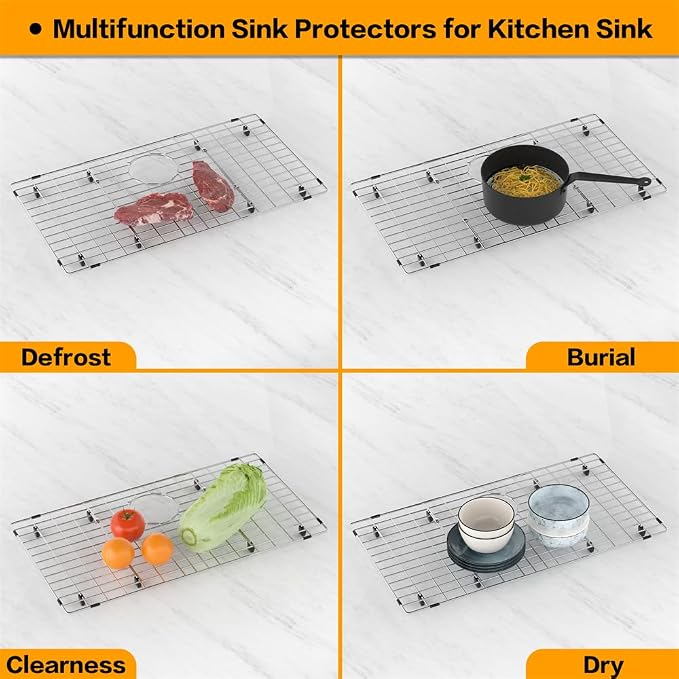 SANNO Kitchen Sink Protectors - Stainless Steel Sink Grid with Rear Drain Hole, Sink Rack 27.6" L x 14.6" W