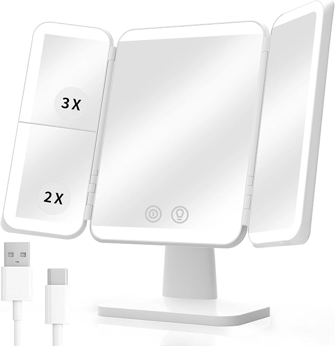 SIMETRA 15.6'' Rechargeable Makeup Mirror with Lights, 156 LED Magnification Vanity Mirror with 3 Colors Lights, 3000mAh Lighted Mirror, Touch Control Trifold Mirror for Women Travel Desk