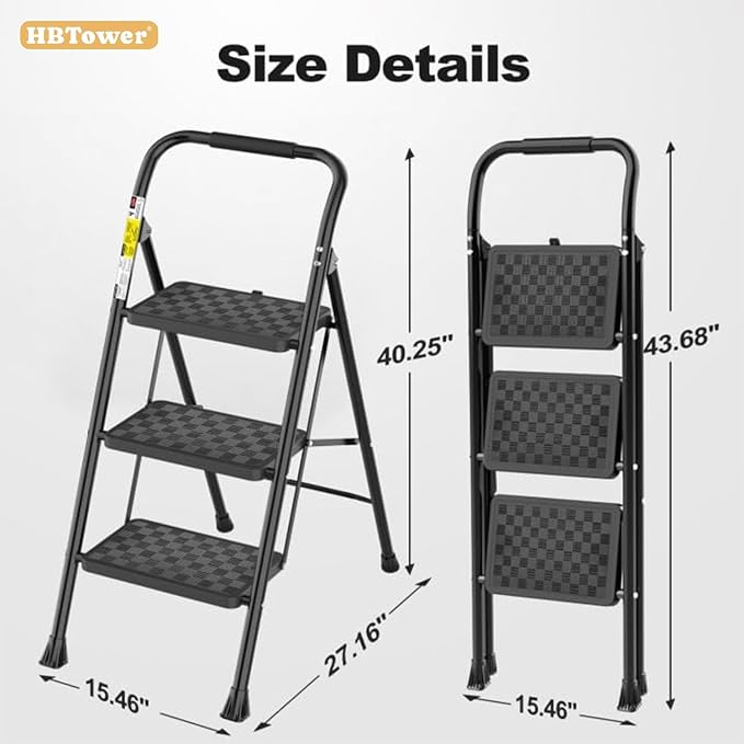 HBTower 3 Step Ladder, Step Stool Foldable for Adults | Wide Anti-Slip Pedal, Lightweight 3 Step Ladders for Home, Black