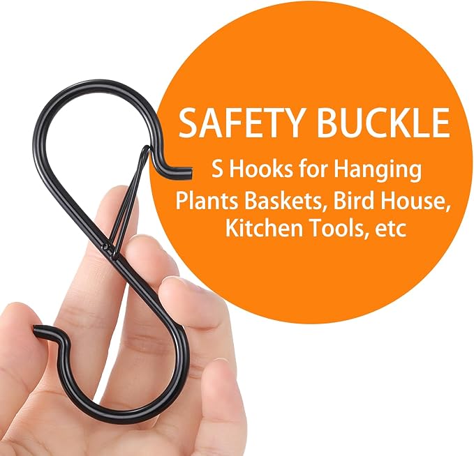 12 Pack 5 Inch S Hooks for Hanging, Heavy Duty S Hooks with Safety Buckle | Metal S Shaped Hanger Hooks for Hanging Kitchen Utensil, Cups Pots Pan Closet Plants Purse Bags Hats(Black)