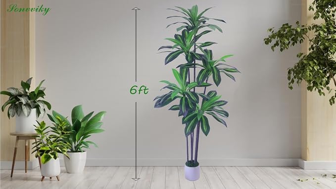 6ft Artificial Dracaena Tree for Home Decor, Potted Faux Plant with Realistic Wood Trunk & Lifelike Leaves, Low Maintenance Tall Floor Tree for Living Room, Office Sonvviky (6ft)
