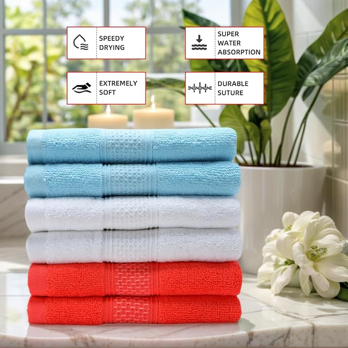 Cotton Hand Towels Set, 6-Piece Set(14in x 29.5in), Super Absorbent Quick Drying,Soft,Bathroom Towels,Suitable for Gyms,Kitchen,Gift(Watermelon Red,White,Sky Blue)