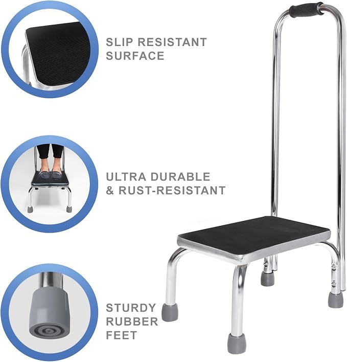 Vaunn Medical Foot Step Stool with Handle and Anti Skid Rubber Platform, Lightweight and Sturdy Stool for Children, Adults and Seniors, Chrome