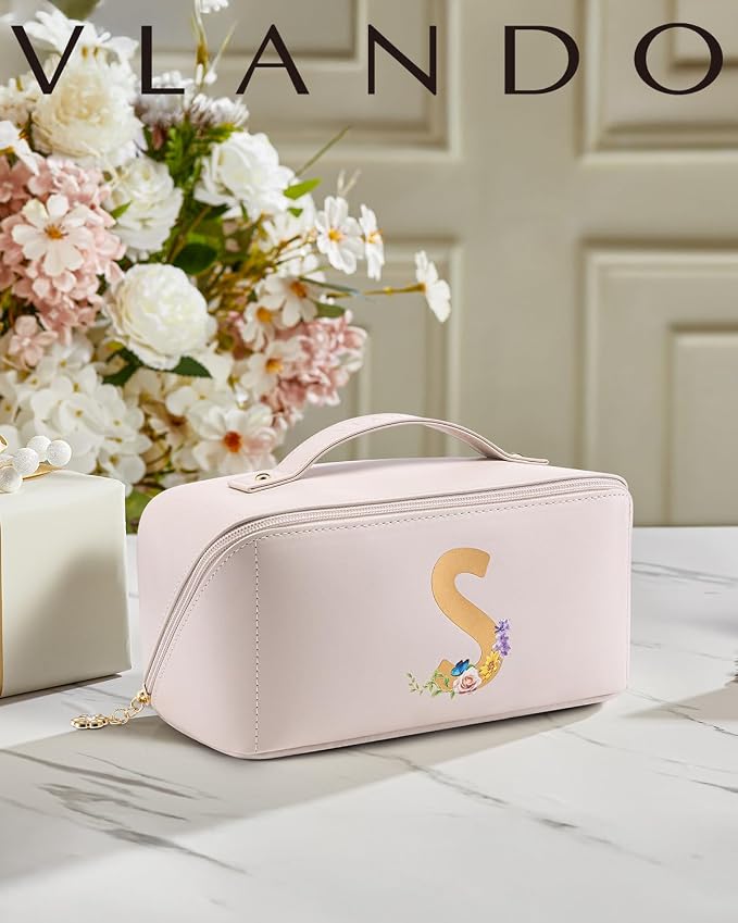 VLANDO Personalized Makeup Bag,Gifts for Women, Letter S,Off White | PU Leather Personalized Toiletry Bag,Open Flat Cosmetic Skincare Organizer,Gifts for Women,Bridesmaid,Teen