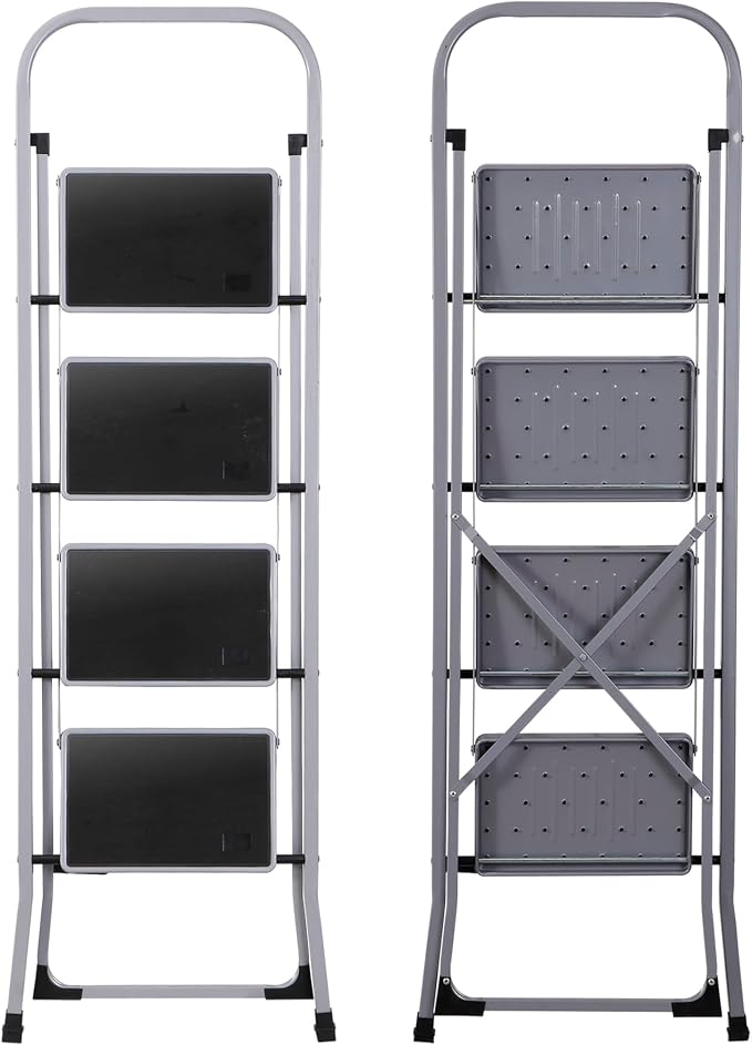 ZENY 4 Step Ladder Folding Step Stool with Wide Anti-Slip Pedal, Convenient Handgrip, Portable Steel Step Stool, 330 lbs Sturdy Steel Ladder for Household and Office, Gray
