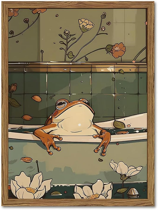 Funny Japanese Frog Bathroom Wall Art Whimsical Frog in Bathtub Wall Decor Painting Cute Animal Bathroom Poster Canvas Print Picture 12x16 inch Wood Framed