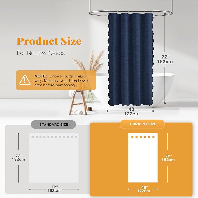 48x72 Boho Scalloped Linen Textured Cloth Shower Curtain, Navy Blue | Stall Size, 230GSM Waterproof Polyester, Heavy Duty Fabric, 8 Plastic Hooks, Elegant Modern Farmhouse Style, Machine Washable
