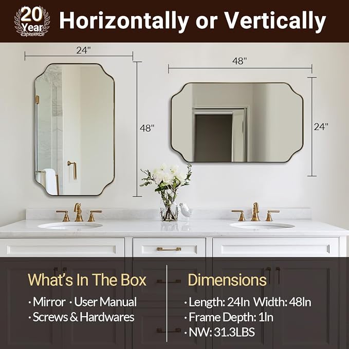 24"x48" Large Bathroom Mirror, Brushed Gold Rectangle Mirror, Scalloped Mirror for Bathroom in Anti-Rust Stainless Steel Metal Frame 1" Deep, Hangs Vertically/Horizontally