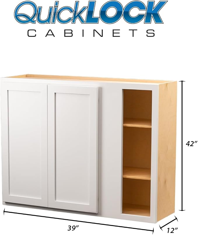 Quicklock RTA (Ready-to-Assemble) 42" Tall Wall Kitchen Cabinets - Shaker Style | 100% Hardwood | Made in America | Soft Close Hardware (12" D x 39" W x 42" H Blind Corner, Pure White)