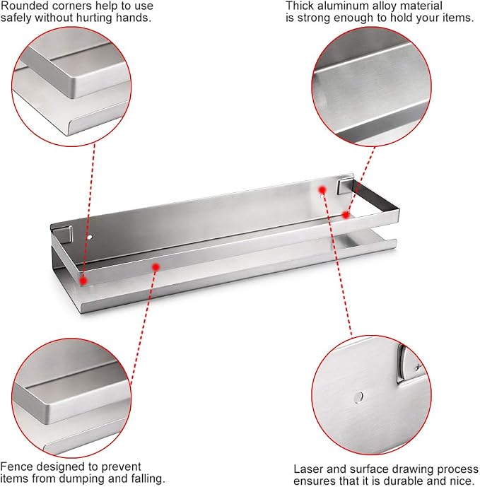 OwnMy 16 Inch Bathroom Shower Shelf Stainless Steel Wall Shower Caddy Rack | Wall Mount Shower Wall Caddy, Metal Floating Shower Shelves, Kitchen Wall Basket Shelf, Rectangular Corner Shelf, Silver