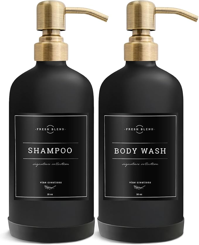 Vine Creations Black Glass Soap Dispenser, 2 Pack Kitchen Soap Dispenser Set with Stainless Steel Pump, 16 oz Dish Soap and Hand Soap Dispensers for Bathroom with Waterproof Labels