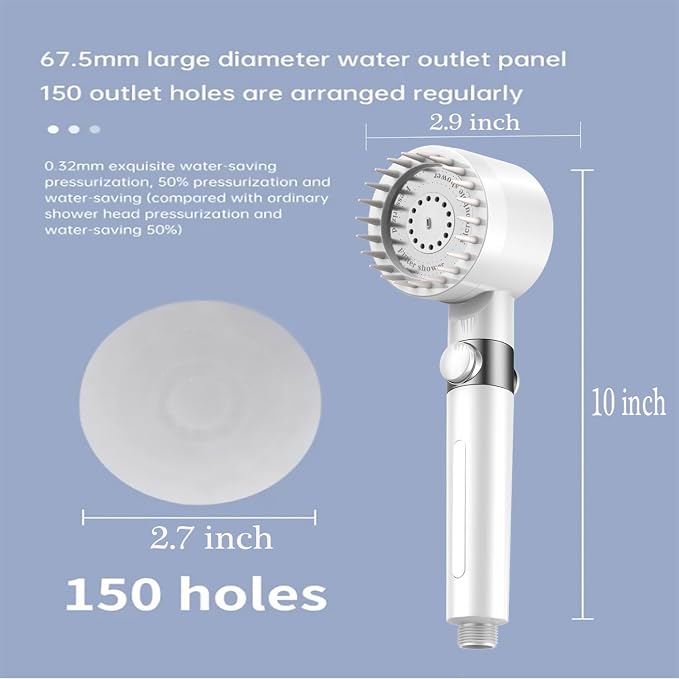 High Pressure Handheld Shower Head High Pressure Shower Heads- High Flow Even with Low Water Pressure - Hand Held Showerhead Set with 59″Replacement Hose/Bracket and Cotton Filters (true white)