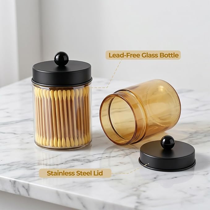 Amolliar Amber Glass Apothecary Jar Qtip Holder Metal Lids 4pc/Amber-black | Bathroom Decor Countertop Vanity Storage Organizer Set for q tip holder,Cotton Swabs/Rounds,Makeup Sponges,Cute Stickers