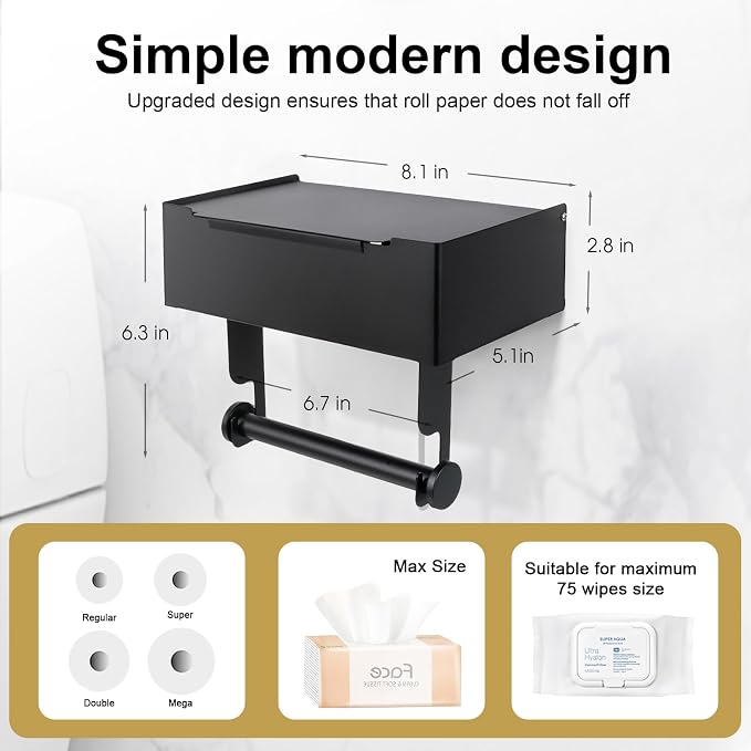 Beileqi 2 Pack Matte Black Toilet Paper Storage Holder with Shelf for Wet Wipes, Sanitary Tampon, Trash Bags, Bathroom Wipes Holder Accessory Space Saver and Organizer