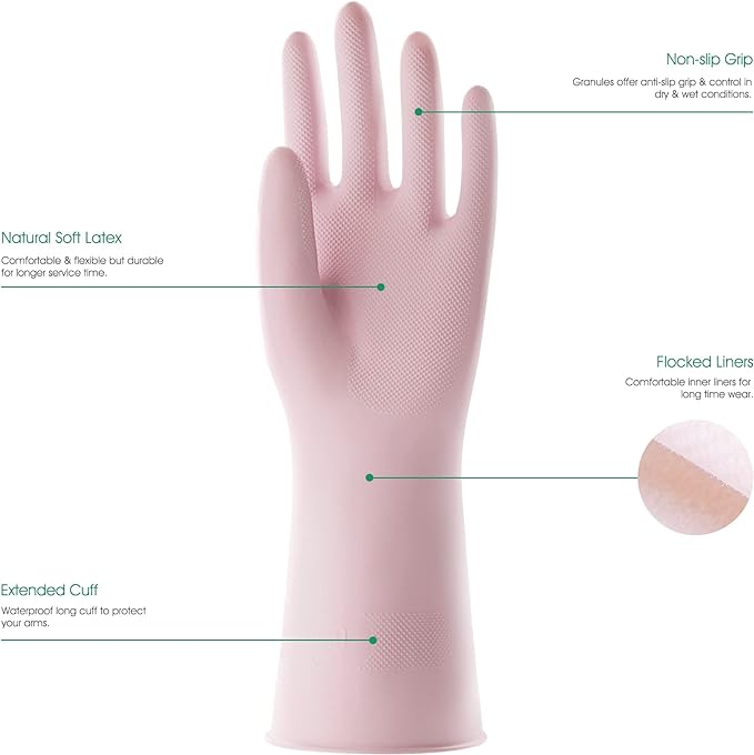 COOLJOB Small Household Rubber Gloves with Cotton Liner & Non-slip Grip, Waterproof Long Lasting Dishwashing Gloves for Kitchen & Bathroom Cleaning, Light Pink, 1 Pair