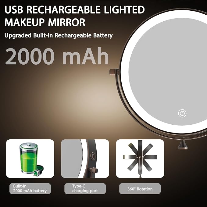 8" Wall Mounted Makeup Mirror,Oval Base, 10X, Oil Rubbed Bronze | Rechargeable Lighted Makeup Vanity Mirror,Double Sided Dimmable,Magnifying,3 Color Lighting,360 Rotation Shaving,Women Gift