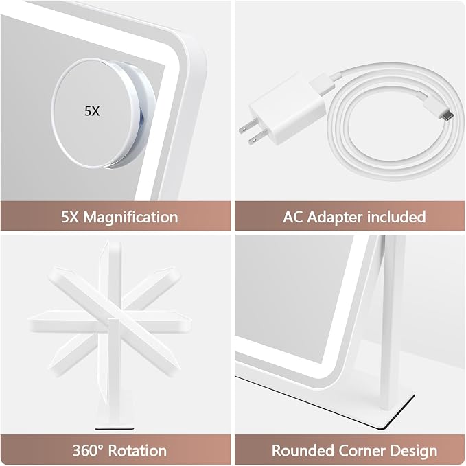 ViKert Vanity Mirror with Lights, 5X Magnification Spot Mirror, Makeup Mirror with Dimmable 3 Color Lighting, 17.3"L x 14.2"W
