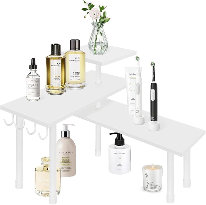 Kitchen Countertop Organizer Corner Shelf, Bathroom Counter Organizers and Storage, 3 Tier Wood Shelf Organizer Space Saver for Make Up, Dresser Table, Desktop, White