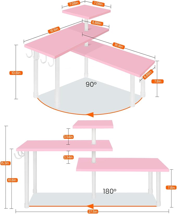 3-Tier Counter Organizer Shelf for Bathroom, Corner Shelf for Countertop, Over Sink, Make Up, Dresser Table, Desktop - Pink