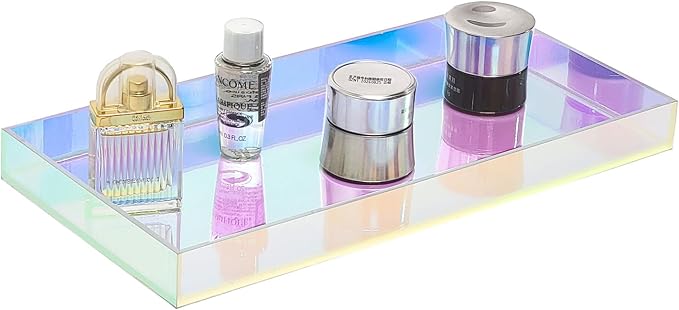 ROYALITA Acrylic Tray for Countertop, Guest Towel Holder Tray for Bathroom | Vanity Trays for Napkin Perfume Jewelry Makeup, Bathroom Tray for Soap Dispenser, Aromatherapy, Cup & Candle, Iridescent