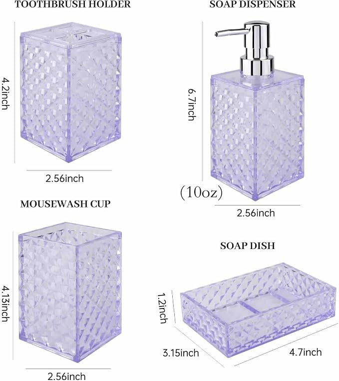 Bathroom Accessory Set, Grid Pattern 4 Pcs Plastic Bathroom Set, Purple | Include Soap Dispenser, Soap Dish, Toothbrush Holder, Mouthwash Cup, Modern Bathroom Decor Set