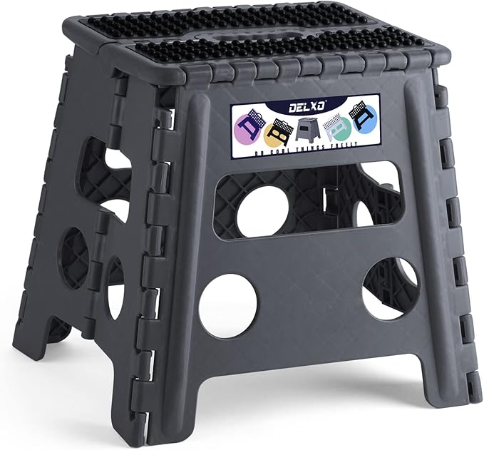 Delxo Folding Step Stool 13 Inch,300 Lbs Step Stool for Adults Dark Grey | Foldable Step Stool 13",Non-Slip Foot Stools with Handle,Lightweight Collapsible stools for Kitchen,Bathroom,Bedroom,Garden