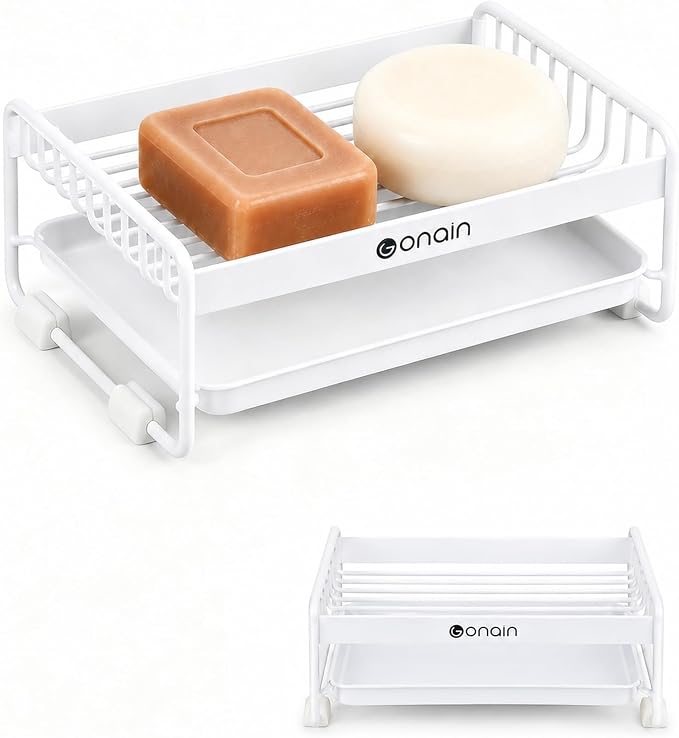 Soap Dish for Shower, Carbon Steel Soap Holder with Drain Tray | carbon steel, removable drain tray, raised rack, anti-slip feet, for shower sink countertop