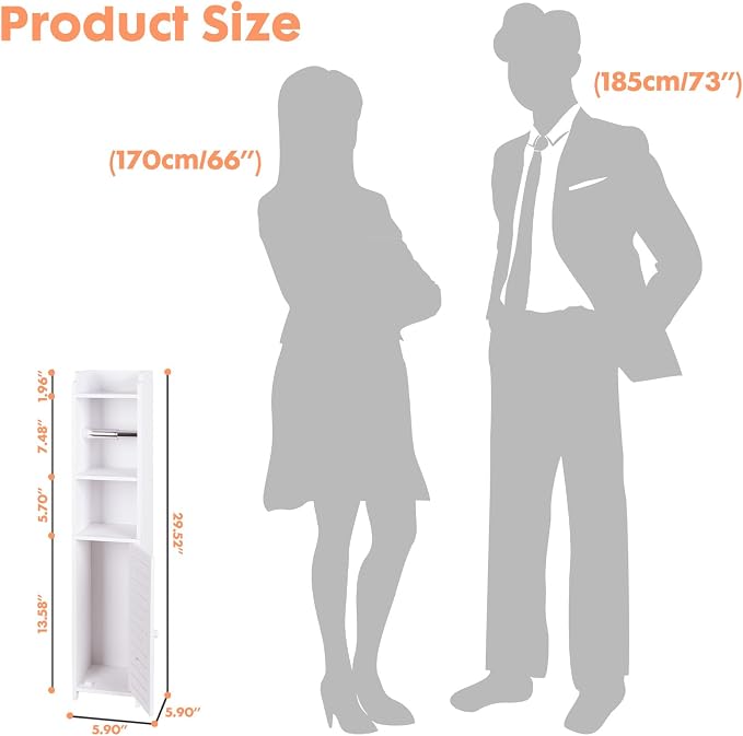 ShellKingdom Toilet Paper Holder Stand with Rod, Small Bathroom Cabinet | Slim Storage Cabinet for Bathroom Small Spaces Corner Floor with Doors and Shelves, White